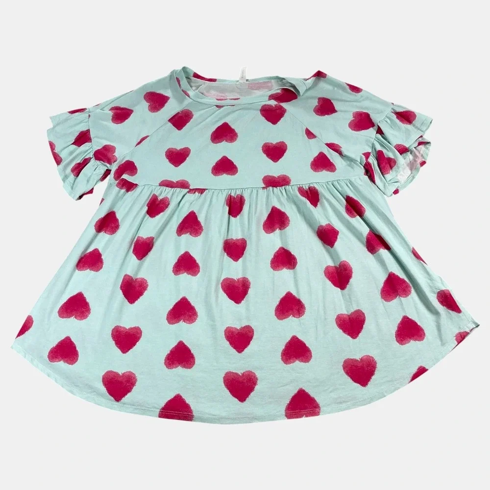 Emerald Dress Kids Girls Aqua Pink Ruffle Sleeve Heart Print Babydoll Size Large